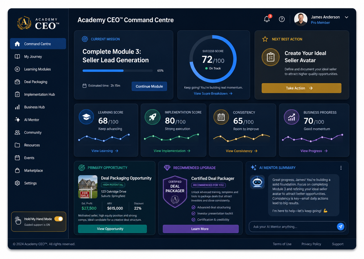 Academy CEO Command Centre dashboard showing current mission, success score, next best action, and AI mentor summary
