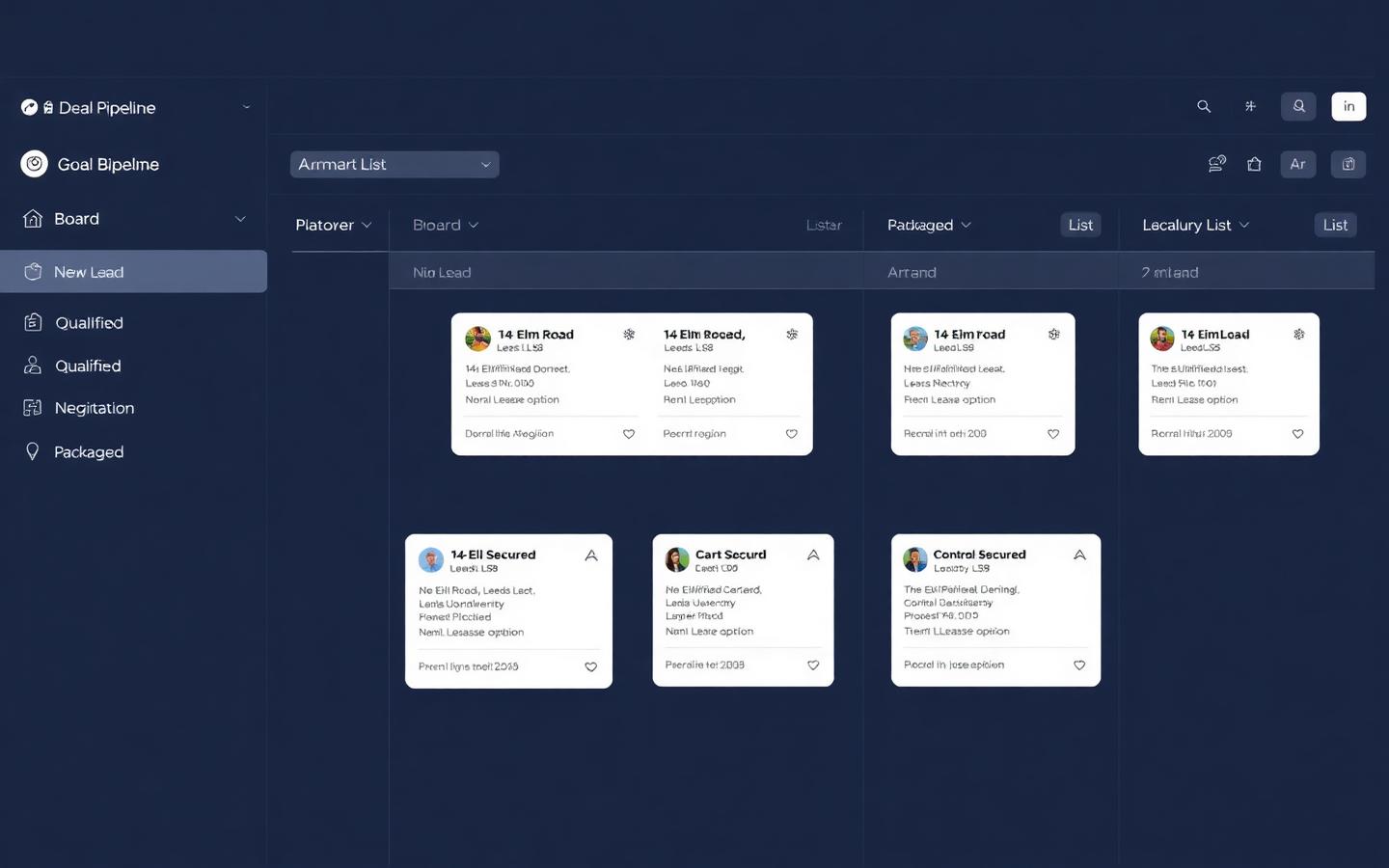 Countrywide Property Academy™ deal pipeline kanban board showing deal stages from new lead through to packaged
